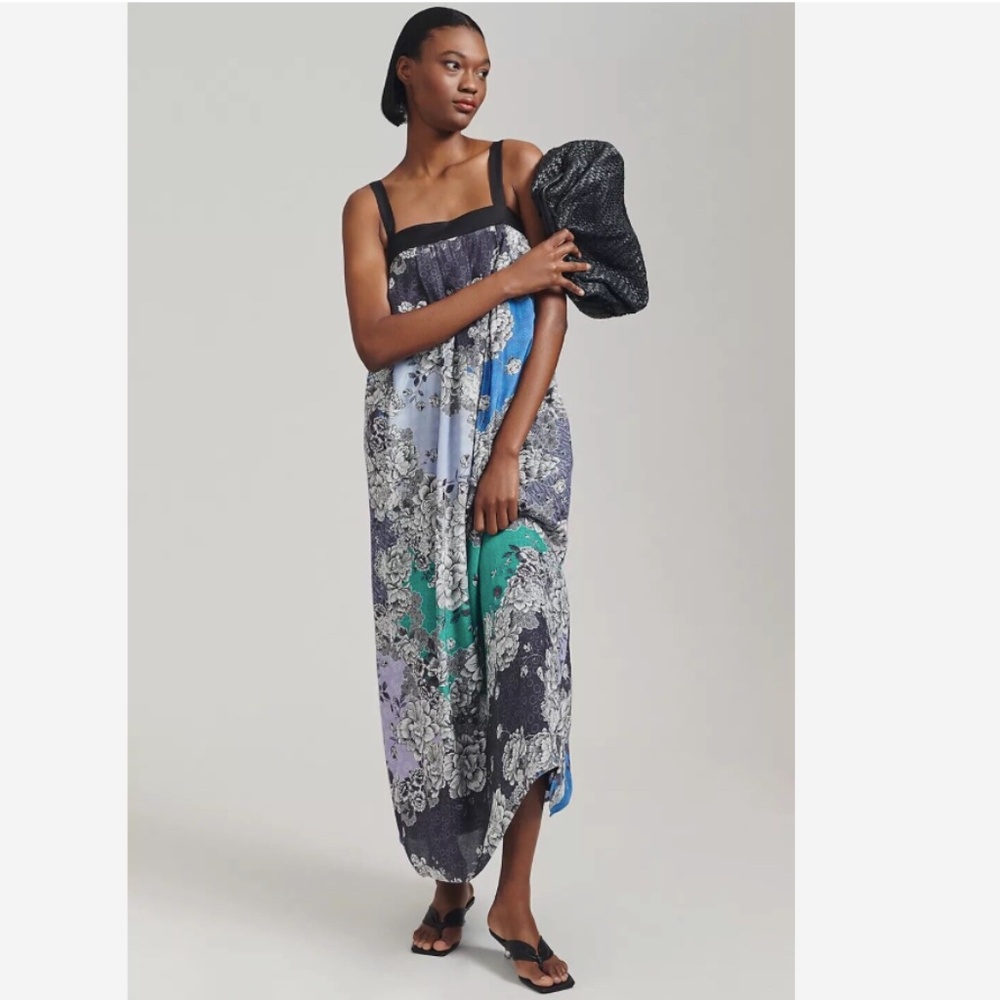 ATSU ANTHROPOLOGIE WOMENS PRINTED MAXI DRESS FLORAL SLEEVLESS SIZE LARGE BLACK - Picture 4 of 10